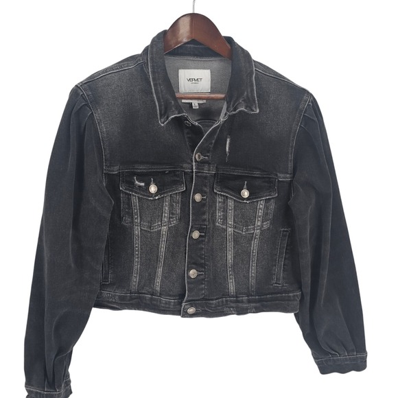 Vervet LA Denim Jacket Womens L Black Distressed Button Front Cropped Jean - Picture 1 of 6